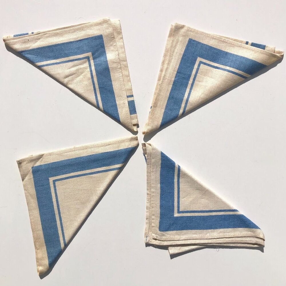 vintage Linen Napkins Cream with Blue Border 1950's set of 4 AS IS with stains